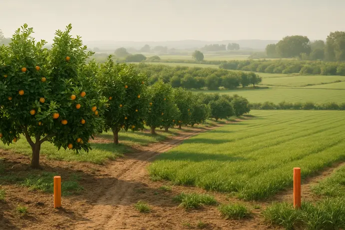 נוף פסטורלי של עמק חפר עם מטעי הדר ושטחים חקלאיים