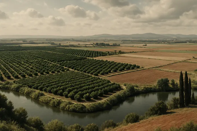 נוף טבעי מרהיב של עמק חפר עם שדות ירוקים ונחל אלכסנדר
