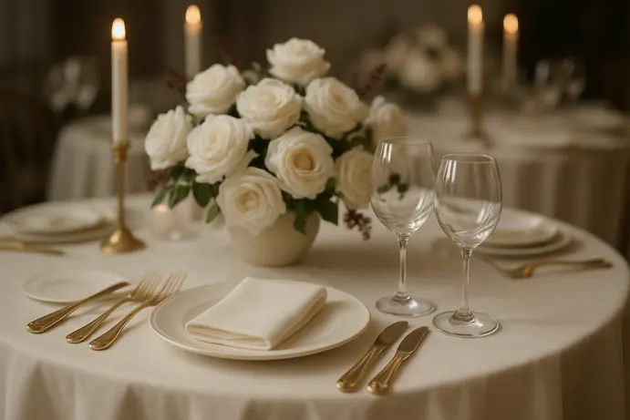 עיצוב חתונה קלאסי עם פרחים לבנים ואלמנטים מזהב