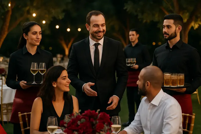מנהל אירוע ומלצרים מעניקים שירות אישי באירוע בעמק חפר