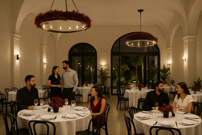 אולם אירועים יוקרתי בחדרה עם שולחנות ערוכים ותאורה חמה