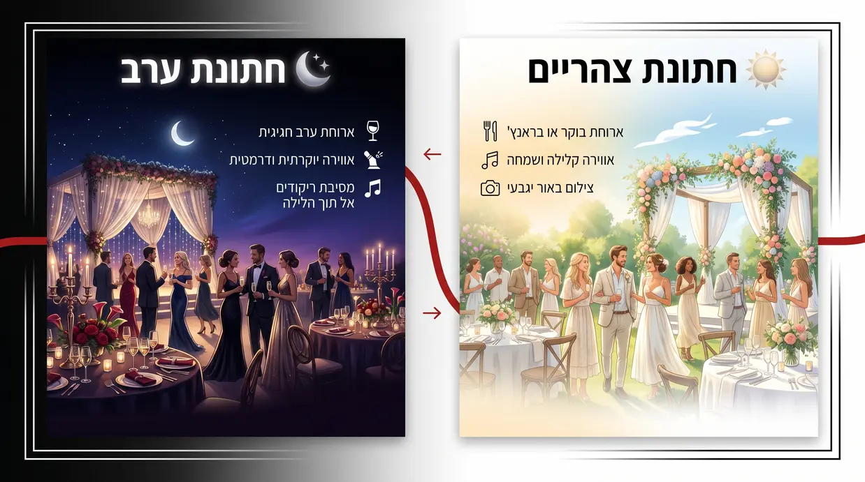 השוואה ויזואלית בין חתונת צהריים לחתונת ערב מבחינת אור, אווירה ותאורה