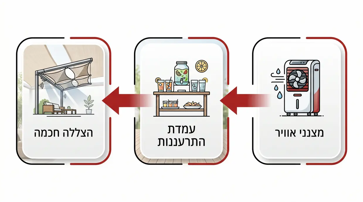 תרשים של שלבי קירור והצללה בחתונת קיץ עם מצננים, עמדת התרעננות והצללה חכמה