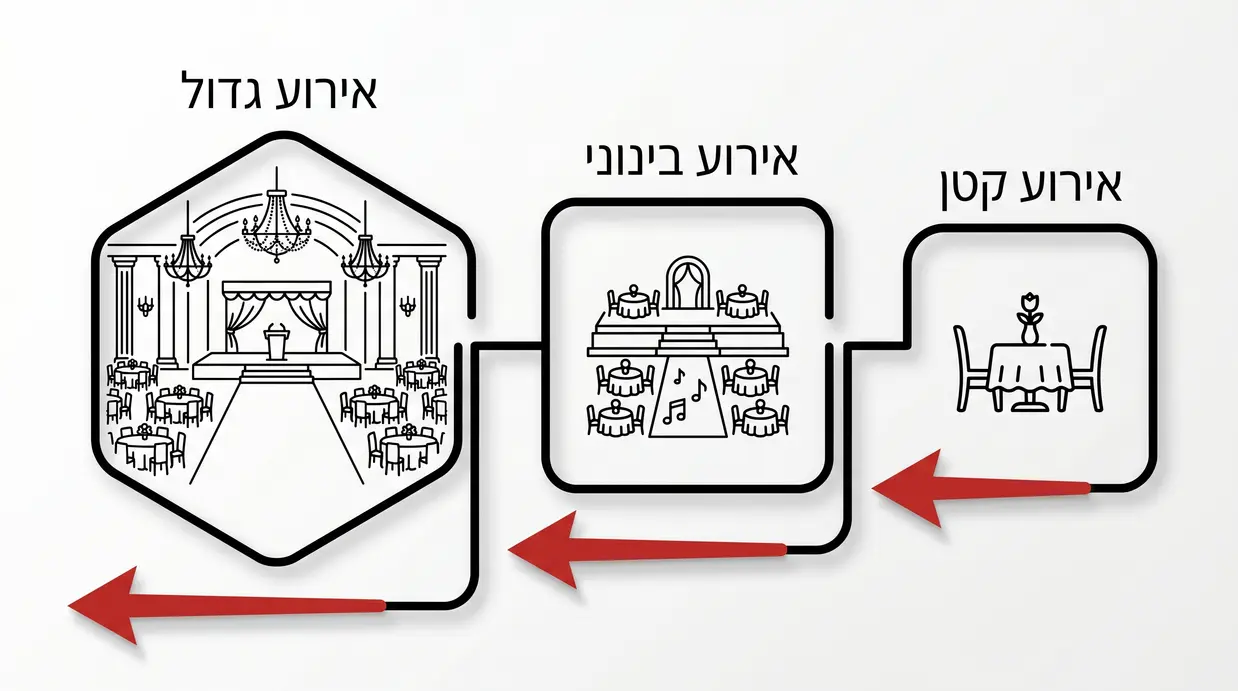 אינפוגרפיקה בעברית המציגה שלבים לבחירת אולם לפי כמות מוזמנים