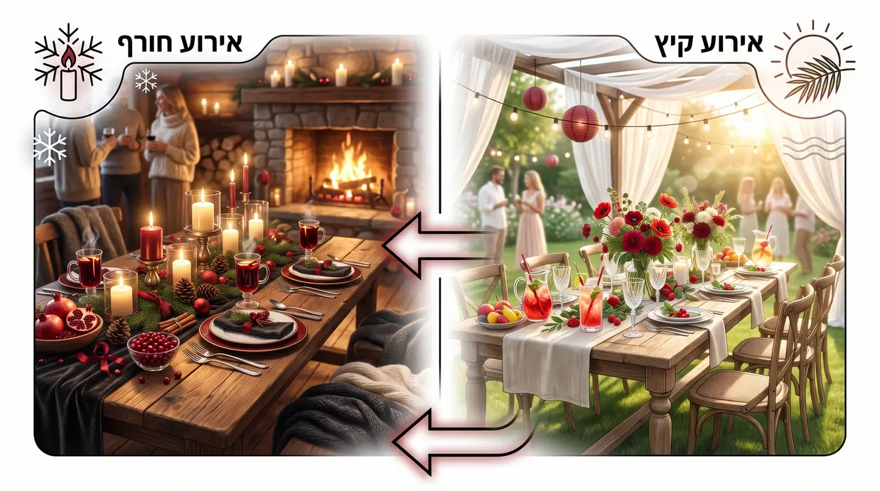 השוואה ויזואלית בין עיצוב אירוע קיצי קליל לעומת עיצוב חורפי חמים