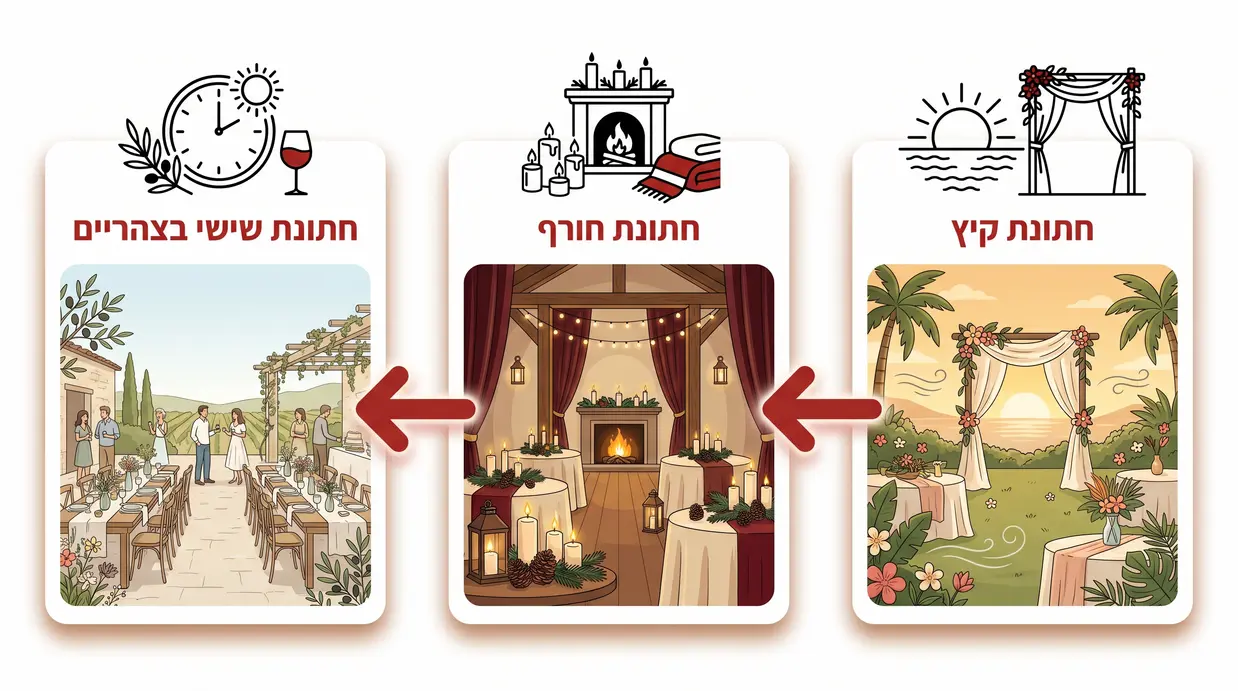 אינפוגרפיקה בעברית המציגה שלבים בהיערכות לחתונות בעונות שונות