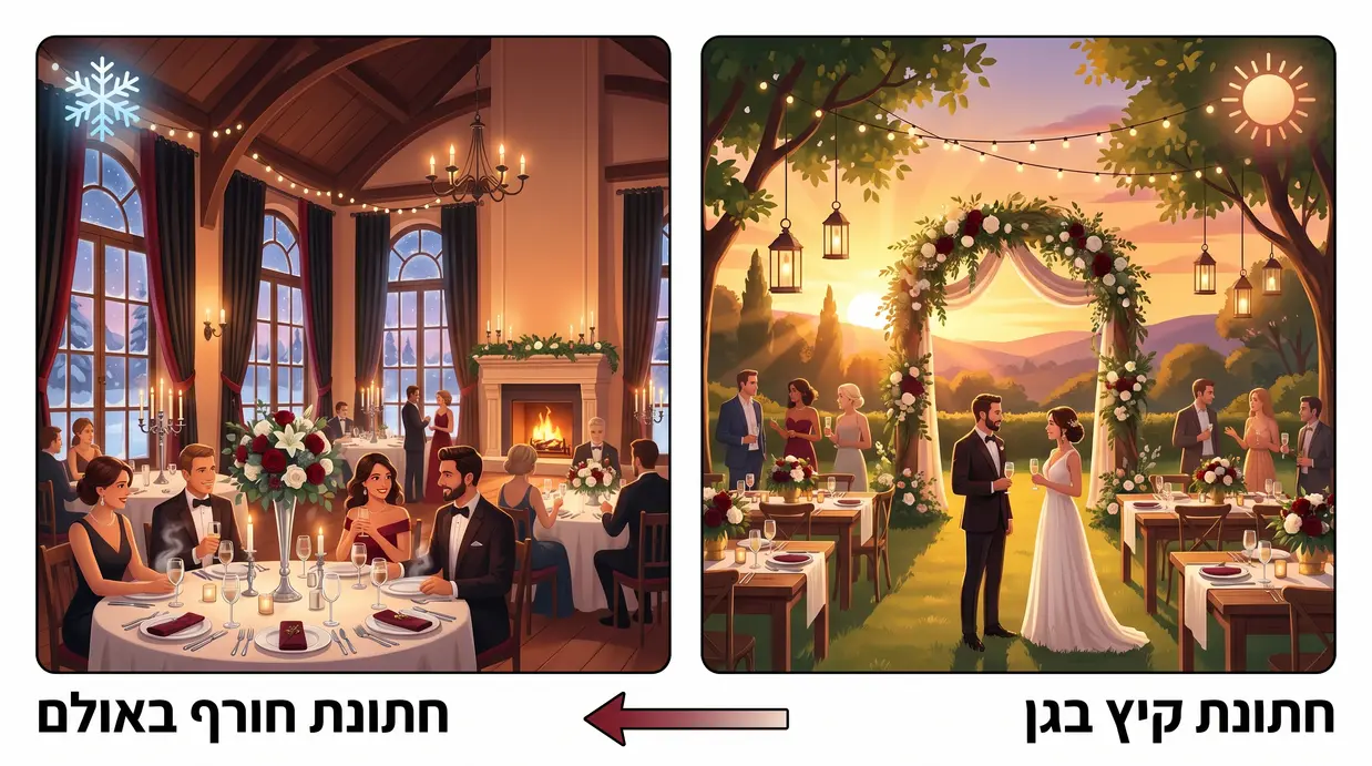השוואה חזותית בין חתונת קיץ בגן לחתונת חורף באולם