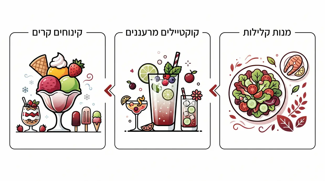 אינפוגרפיקה בעברית המציגה רעיונות לתפריט קליל ואלכוהול מרענן לחתונת צהריים