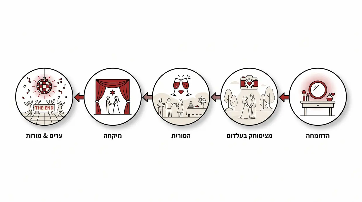 ציר זמן של חתונת שישי צהריים עם שלבים עיקריים מהבוקר ועד הסיום
