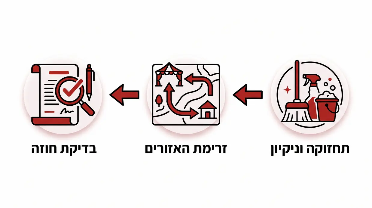 אינפוגרפיקה בעברית המציגה שלבים לבדיקה בשטח של גן אירועים