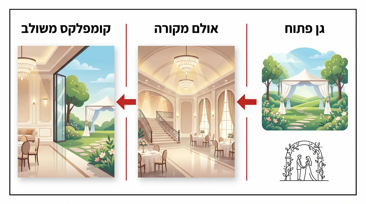 השוואה חזותית בין גן פתוח, אולם מקורה וקומפלקס משולב
