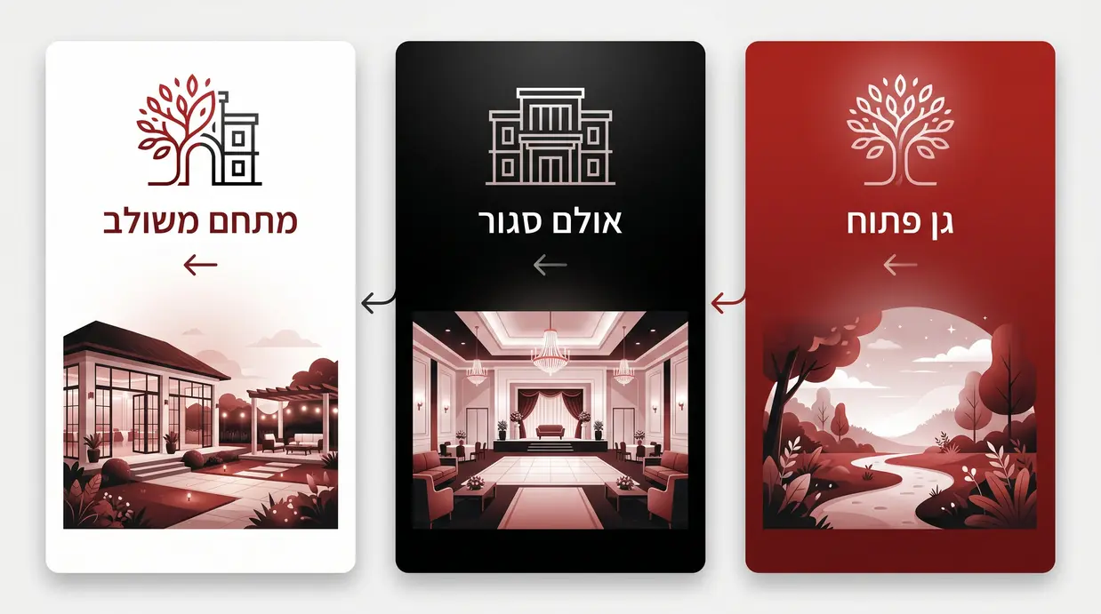 השוואה חזותית בין גן פתוח, אולם סגור ומתחם משולב בשרון