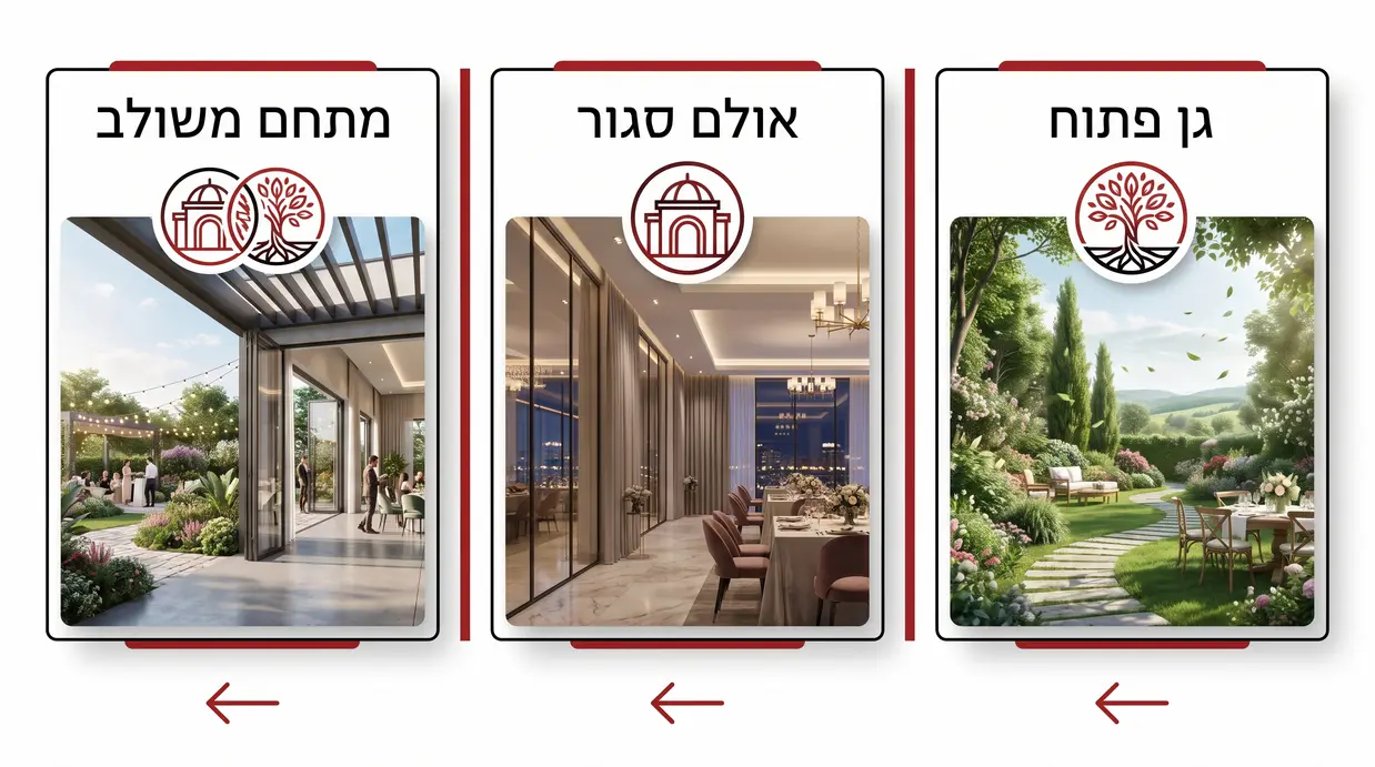 השוואה ויזואלית בין גן פתוח, אולם סגור ומתחם משולב