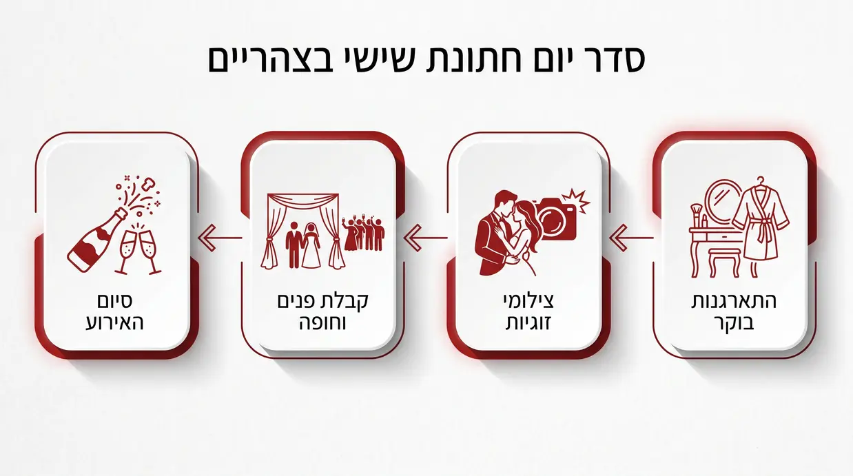 אינפוגרפיקה בעברית המציגה את שלבי חתונת שישי צהריים מהבוקר ועד סיום האירוע