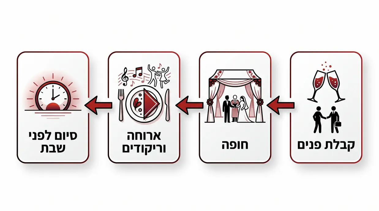 אינפוגרפיקה בעברית המציגה את שלבי חתונת שישי בצהריים לפי סדר זמנים