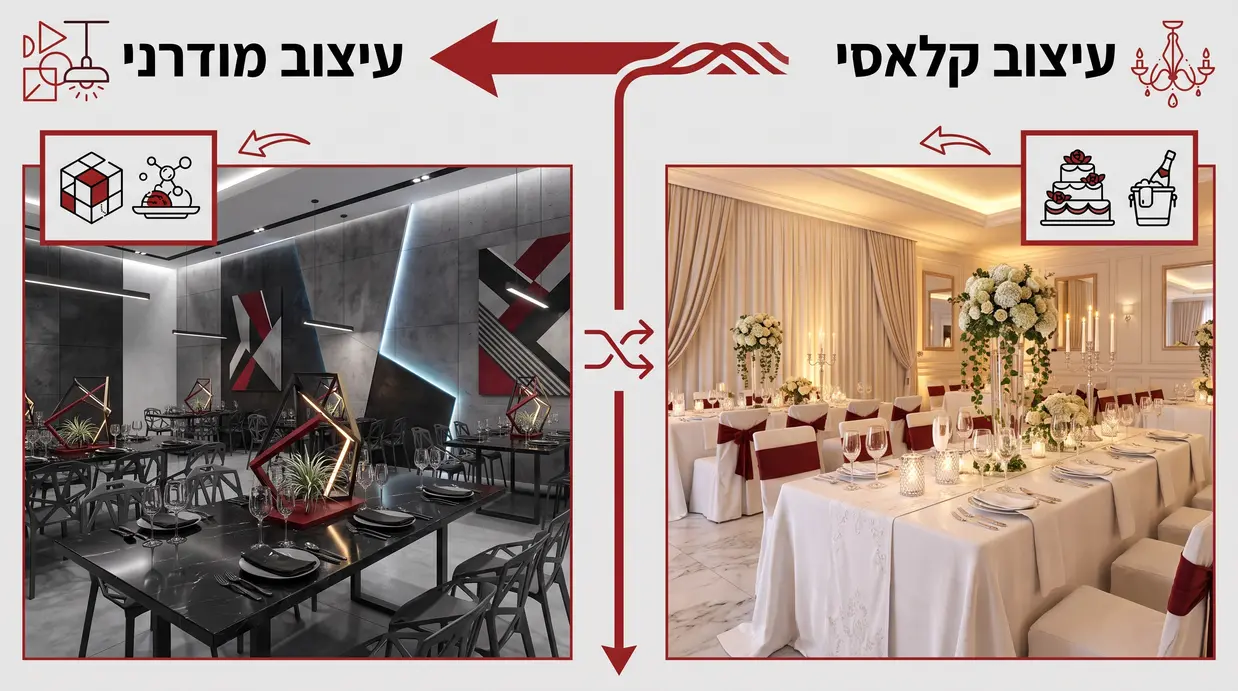 השוואה בין שני עיצובים שונים של אותו אולם אירועים בחדרה
