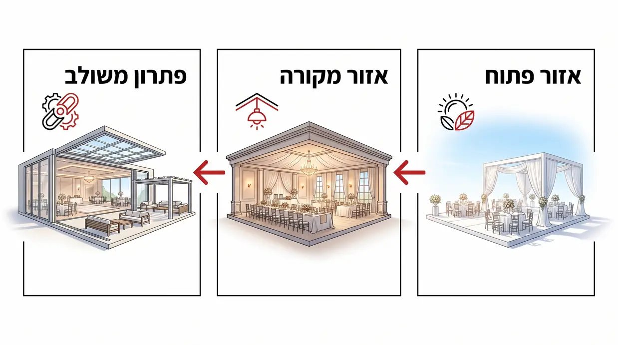 השוואה חזותית בין אזור פתוח, אזור מקורה ופתרון משולב באולם אירועים