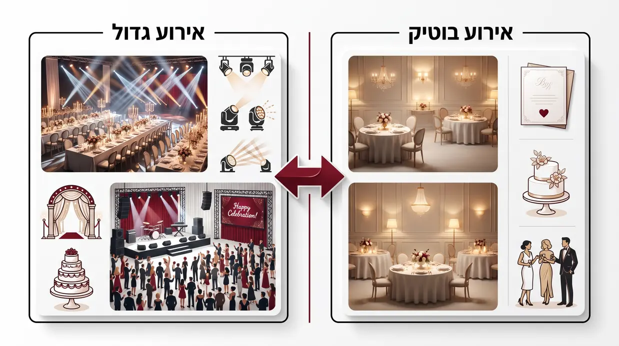 השוואה חזותית בין אירוע בוטיק לאירוע גדול באולם
