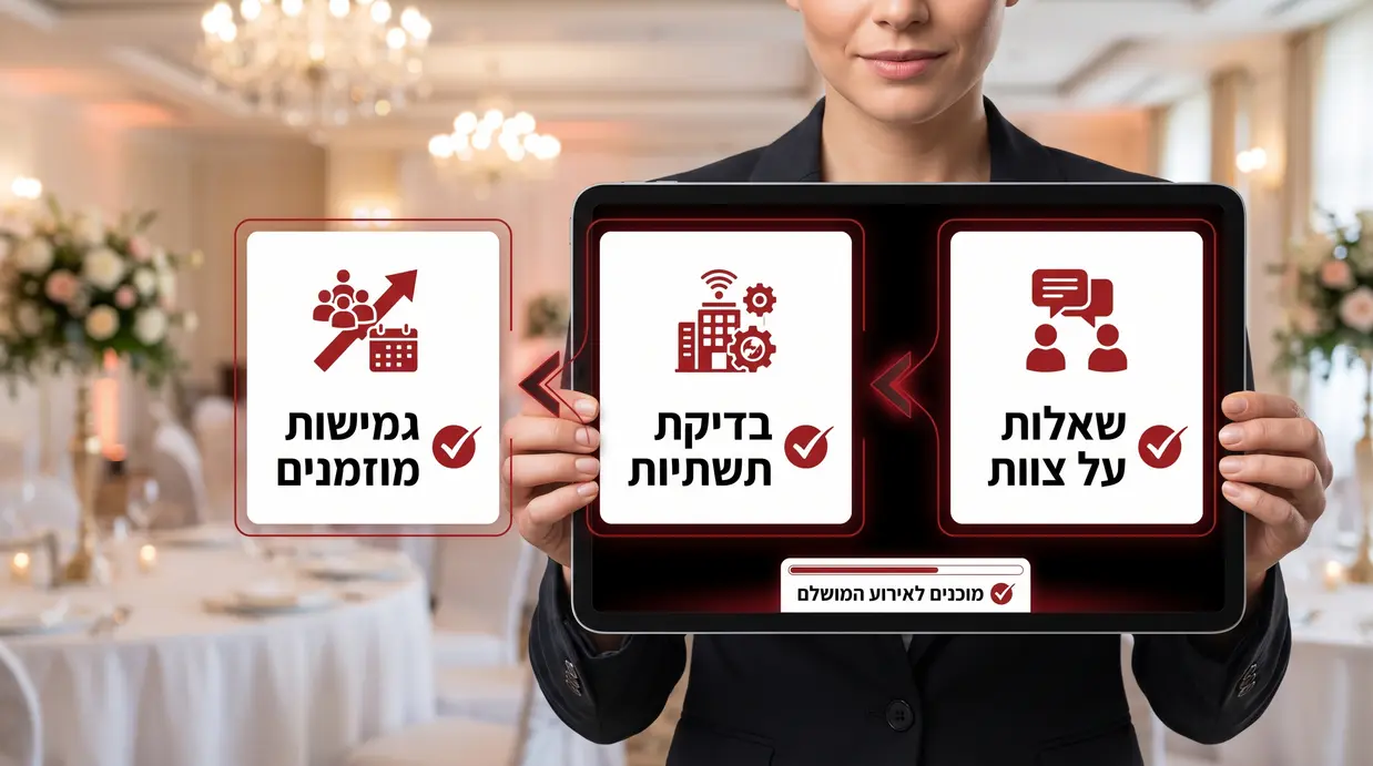 אדם מחזיק טאבלט עם רשימת סימון על רקע אולם אירועים