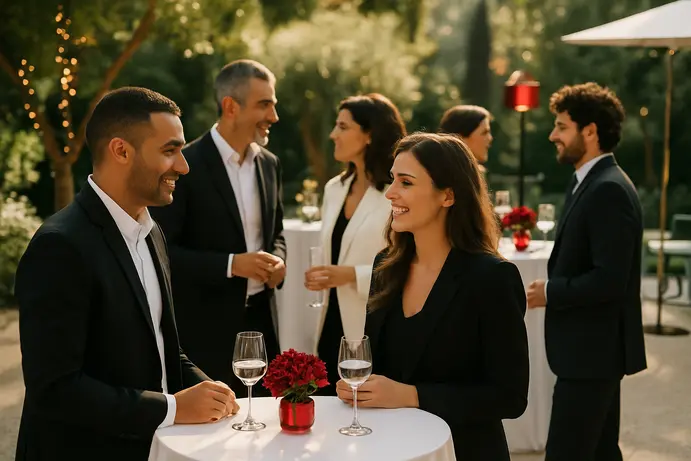 אנשי עסקים משוחחים בגן אירועים מעוצב באווירה מקצועית