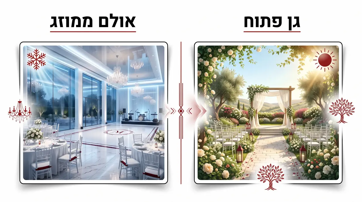 השוואה חזותית בין גן אירועים פתוח לאולם ממוזג בחתונת קיץ